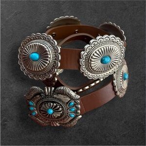 Shyanne Leather Silver-tone Faux Turquoise Concho Boho Belt Boot Barn S/M EUC
